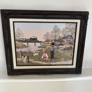 C. Carson Oil Painting Framed Train Pepsi-Cola Barn Children Fishing Dog 12x16